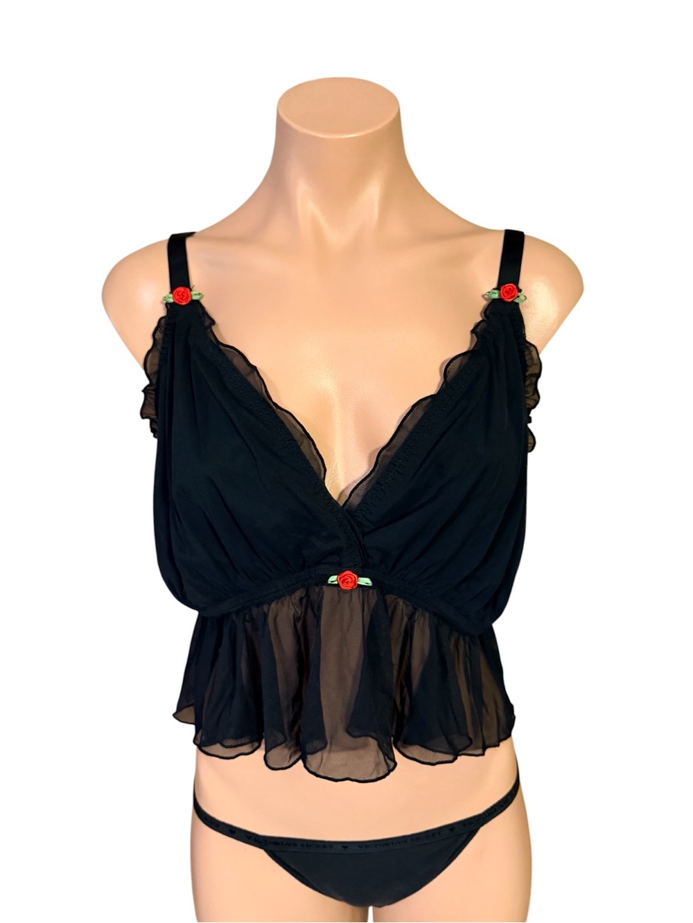 Parade 2XL Black Silky Mesh Flutter Longline Bralette Rose Accents Crop Top Bra